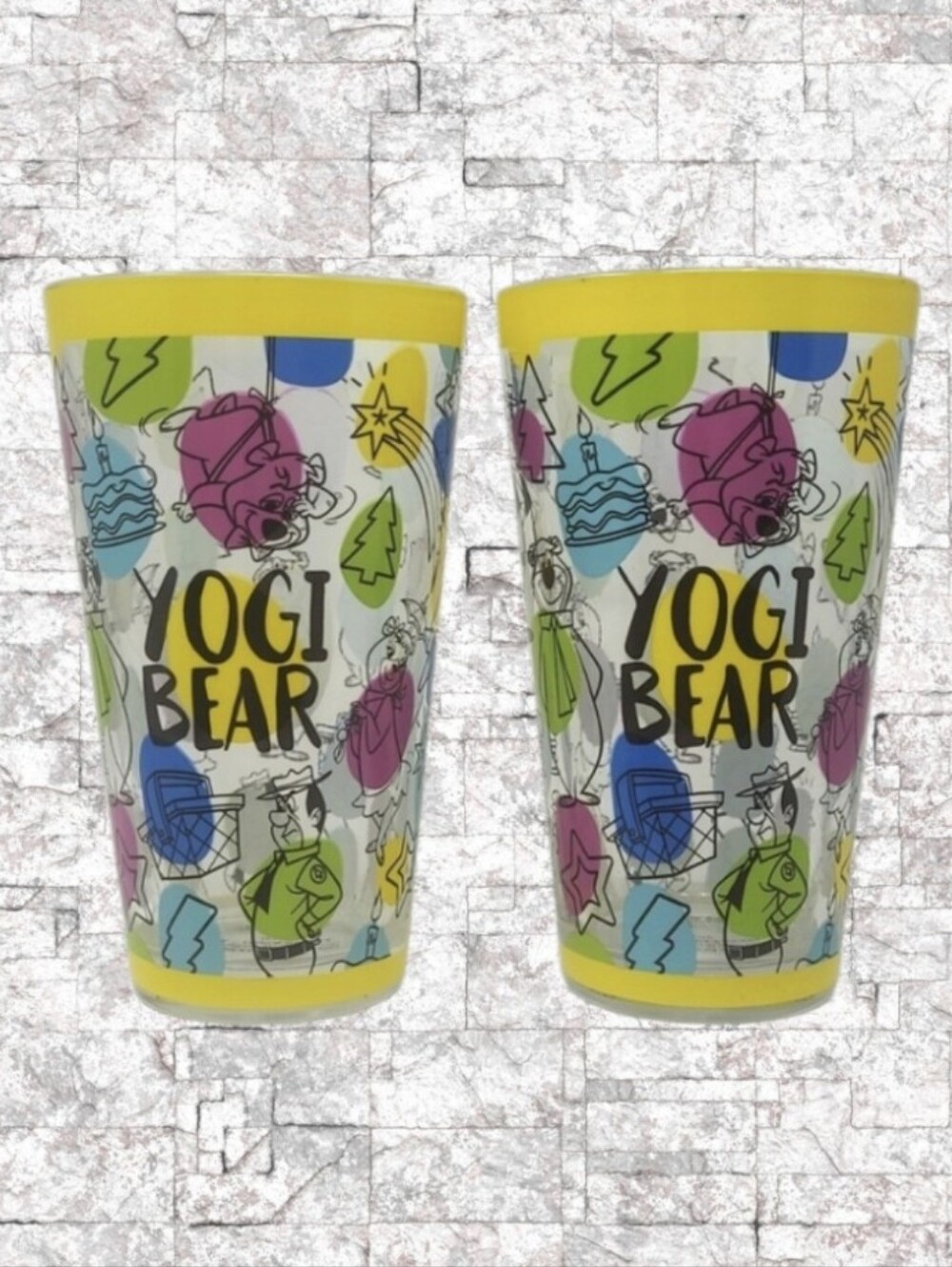 HANNA BARBERA SET OF 2 YOGI BEAR, BOO BOO AND CHARACTERS DRINKING GLASSES